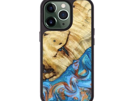 iPhone 13 Pro Wood+Resin Phone Case - Annabella (Teal & Gold, 660843) Cheap