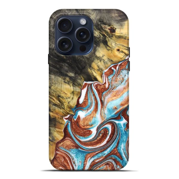 iPhone 15 Pro Max Wood+Resin Live Edge Phone Case - Aliyah (Teal & Gold, 659680) For Sale