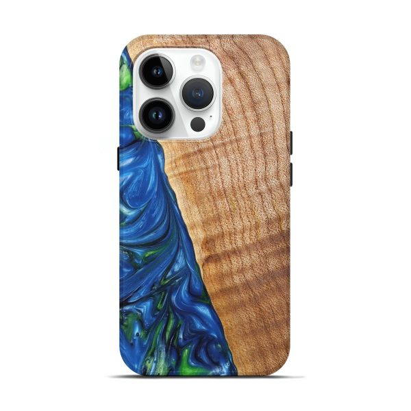 iPhone 15 Pro Wood+Resin Live Edge Phone Case - Lawrence (Teal & Gold, 658804) For Sale