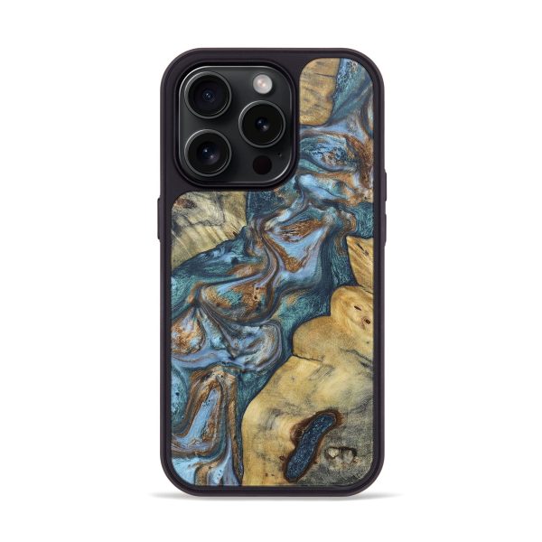 iPhone 15 Pro Burl Wood Phone Case - Gladys (Teal & Gold, 659985) For Discount